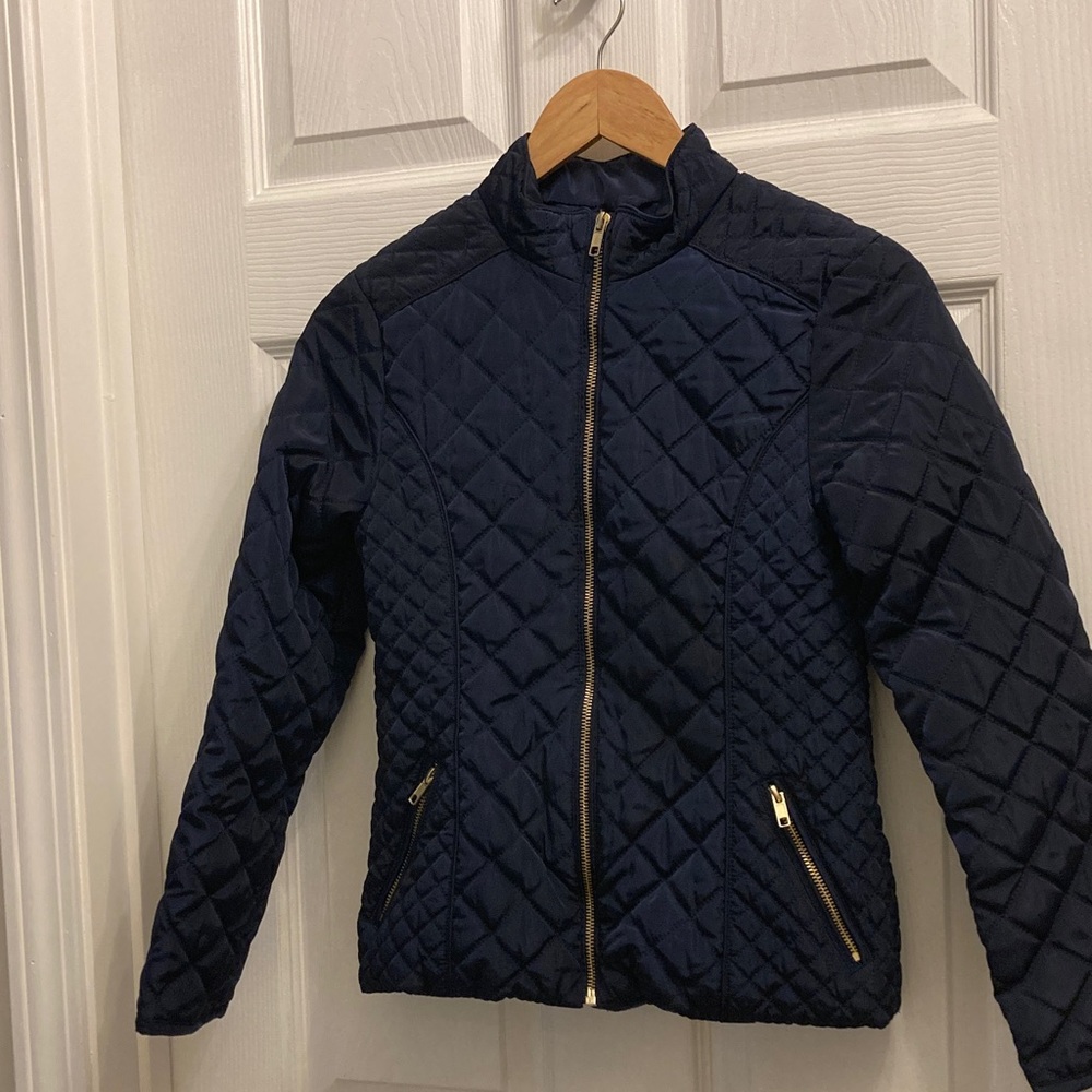H&M Navy quilted jacket w/ gold accent zippers Girls size 12-13y EUC